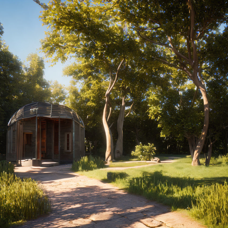 Tranquil Park Scene with Pathway, Gazebo, and Sunlight