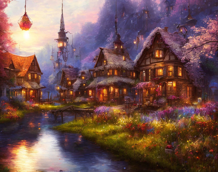 Twilight fantasy village with illuminated homes by serene river