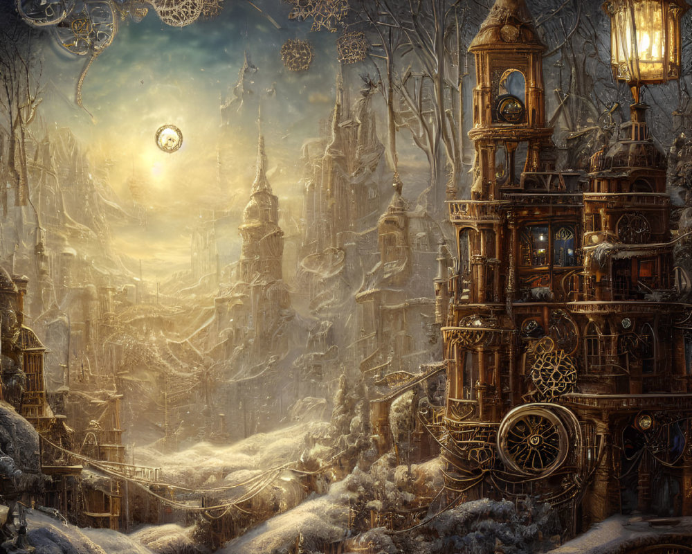 Ethereal winter scene with clockwork structures in snow-covered landscape