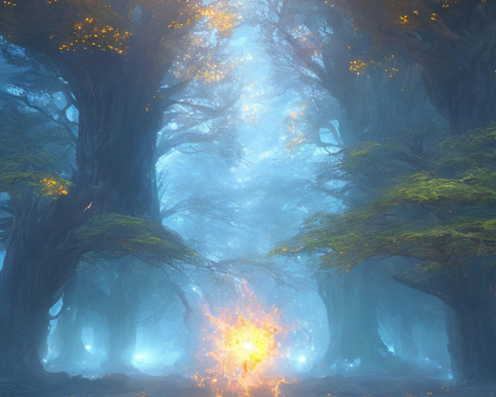 Mystical forest with glowing trees and fiery light