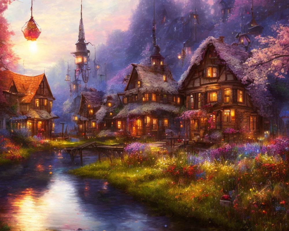 Twilight fantasy village with illuminated homes by serene river