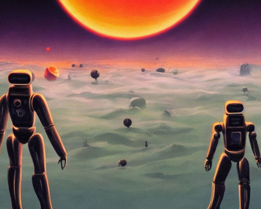 Alien landscape with three humanoid robots and red sun