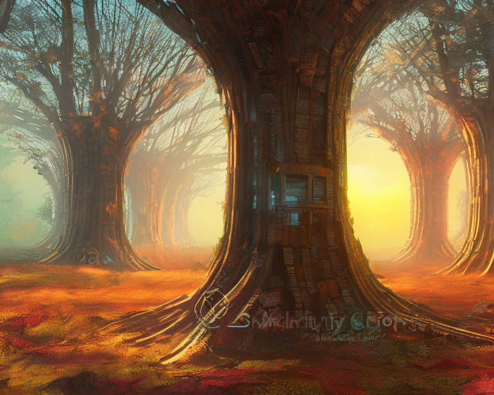 Majestic fantasy forest with massive glowing trees