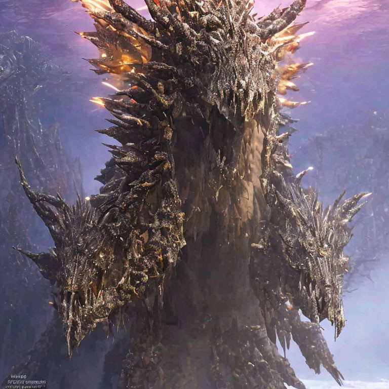 Glowing orange accents on towering, spiky armored creature in misty purple setting