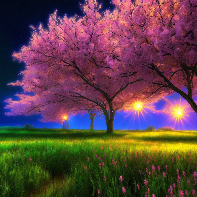 Twilight scene with pink cherry blossoms and starburst lights