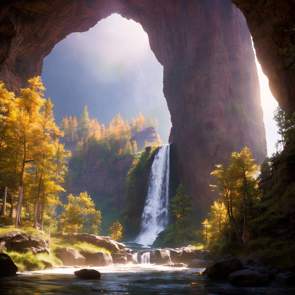 Sunlit canyon arch with cascading waterfall and autumn trees
