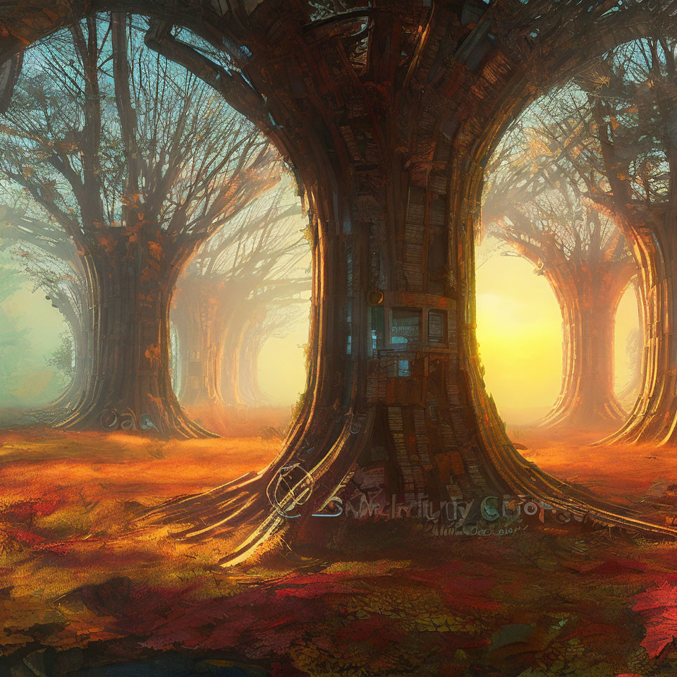 Majestic fantasy forest with massive glowing trees