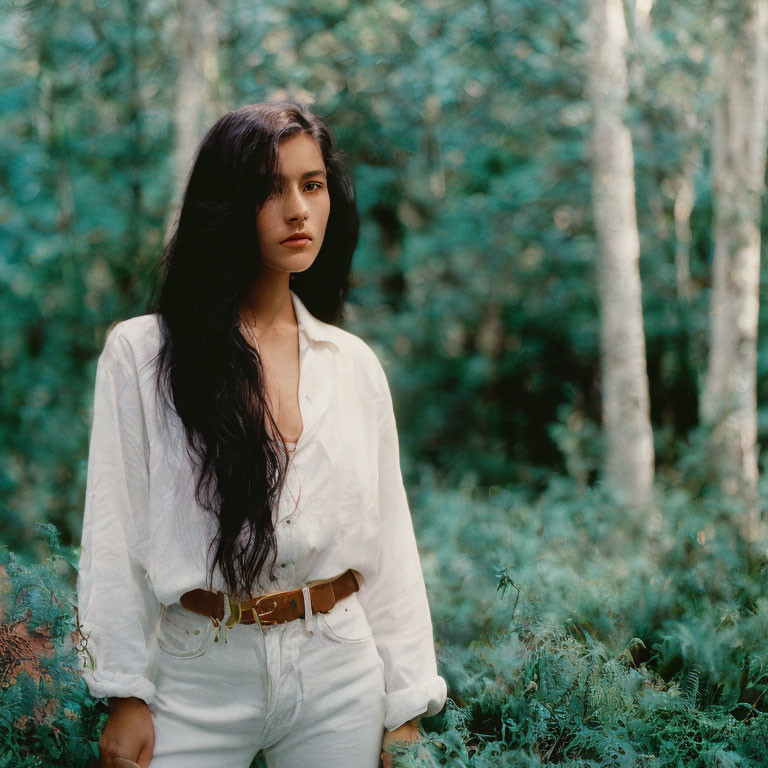 Woman in white shirt and pants standing in lush forest setting