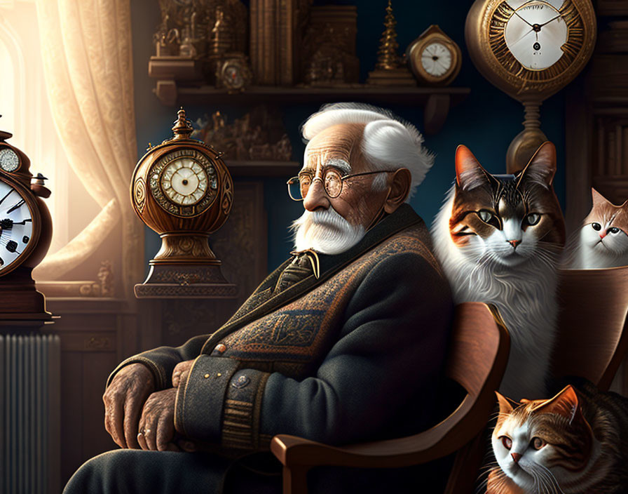 An old man with cat and clocks