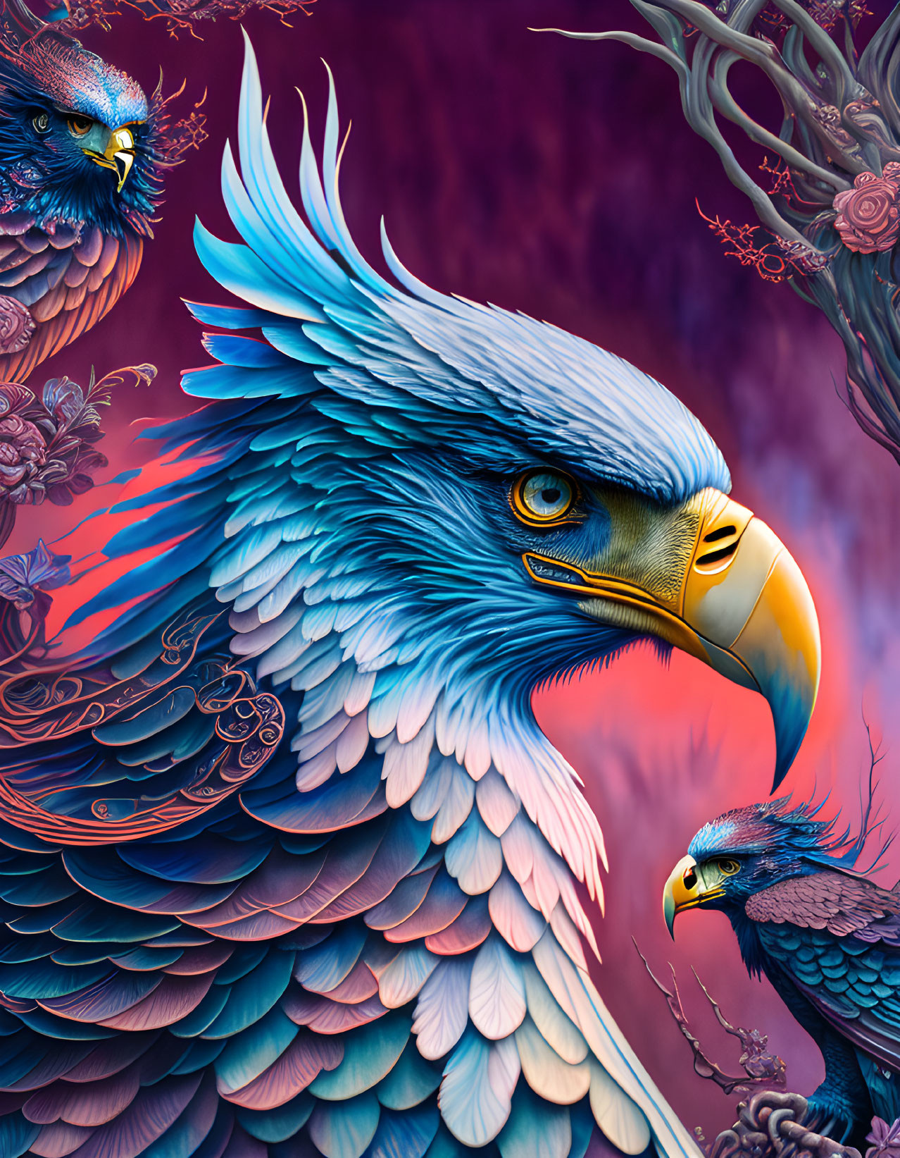 Colorful digital artwork featuring stylized eagles and floral elements on a purple and pink backdrop