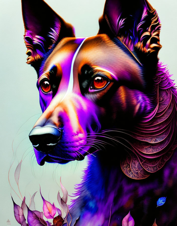 Colorful iridescent dog portrait on pale background