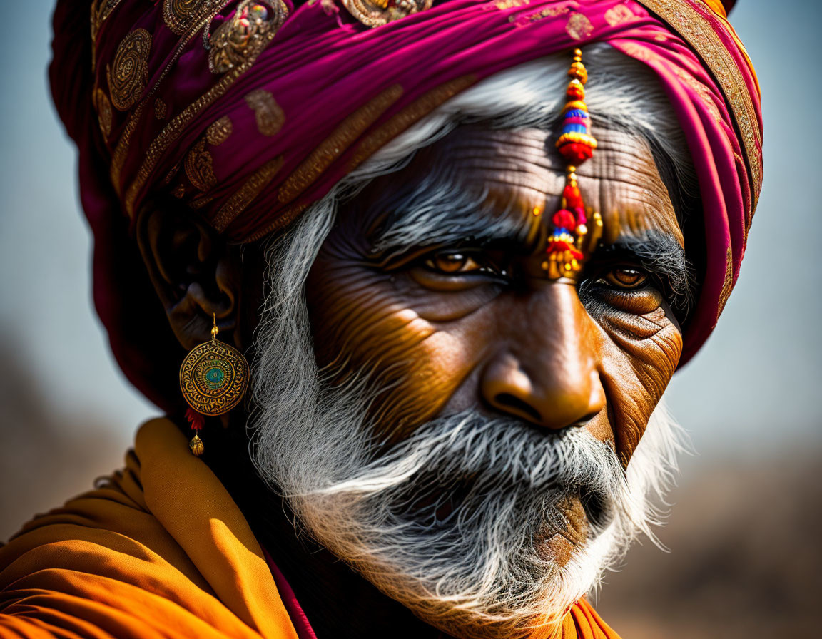 Elderly man with white beard in purple turban and golden earring