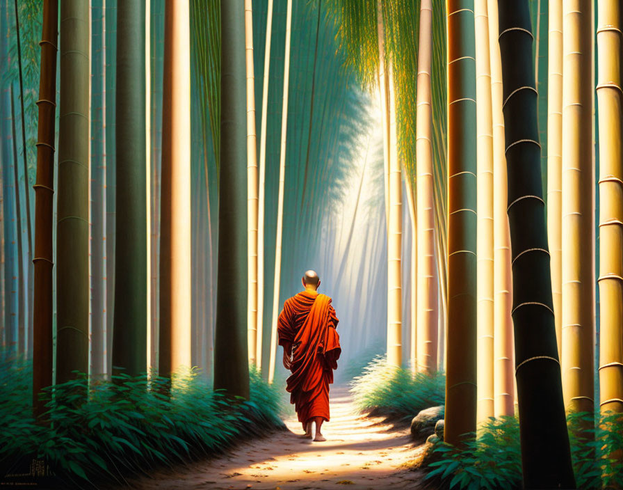 Monk walking through a bamboo grove.