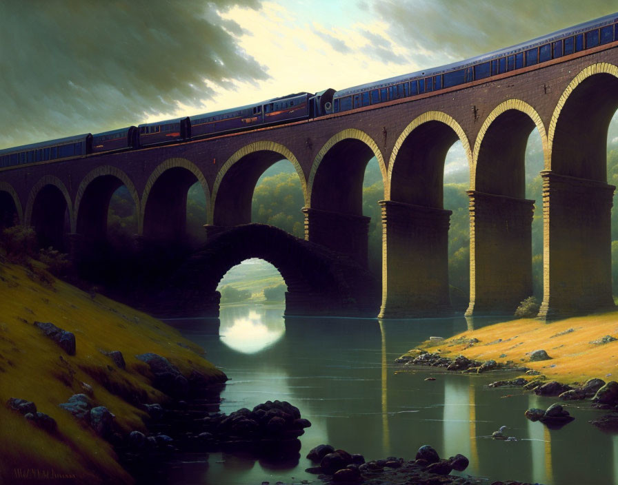 Train on an aqueduct. 