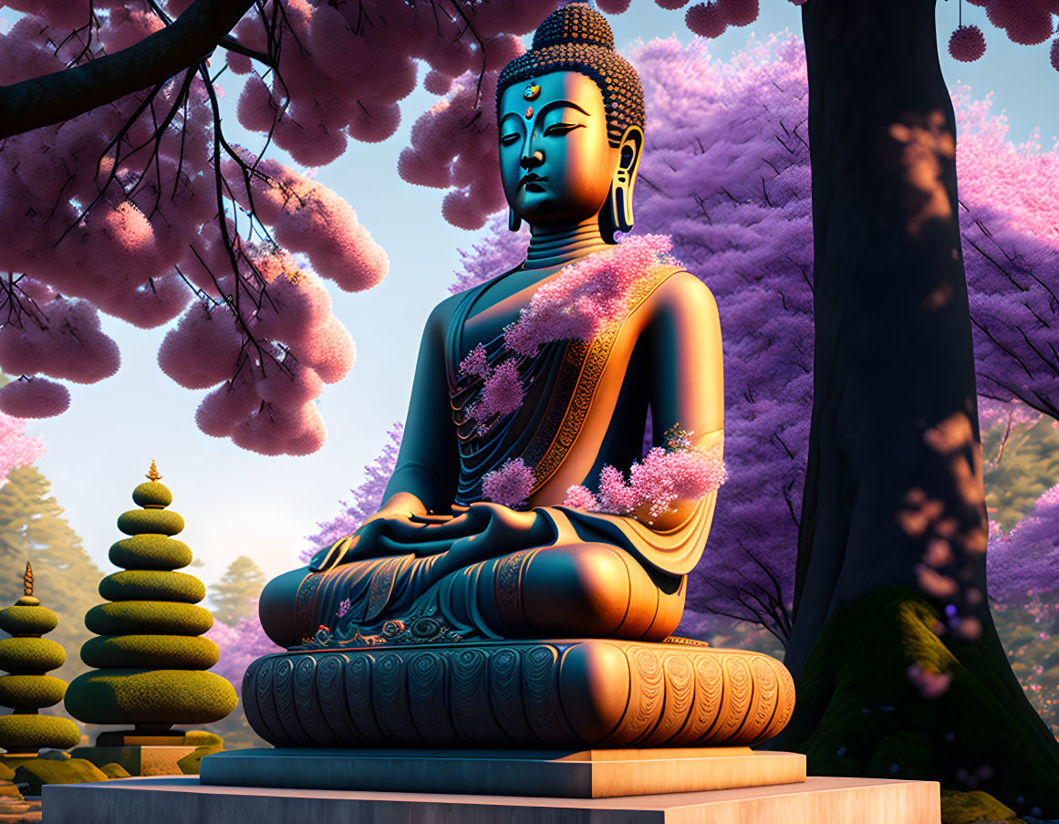 Buddha Statue With Cherry Blossoms