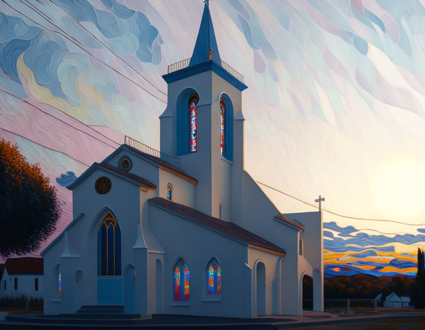 Church in a small town at sunset