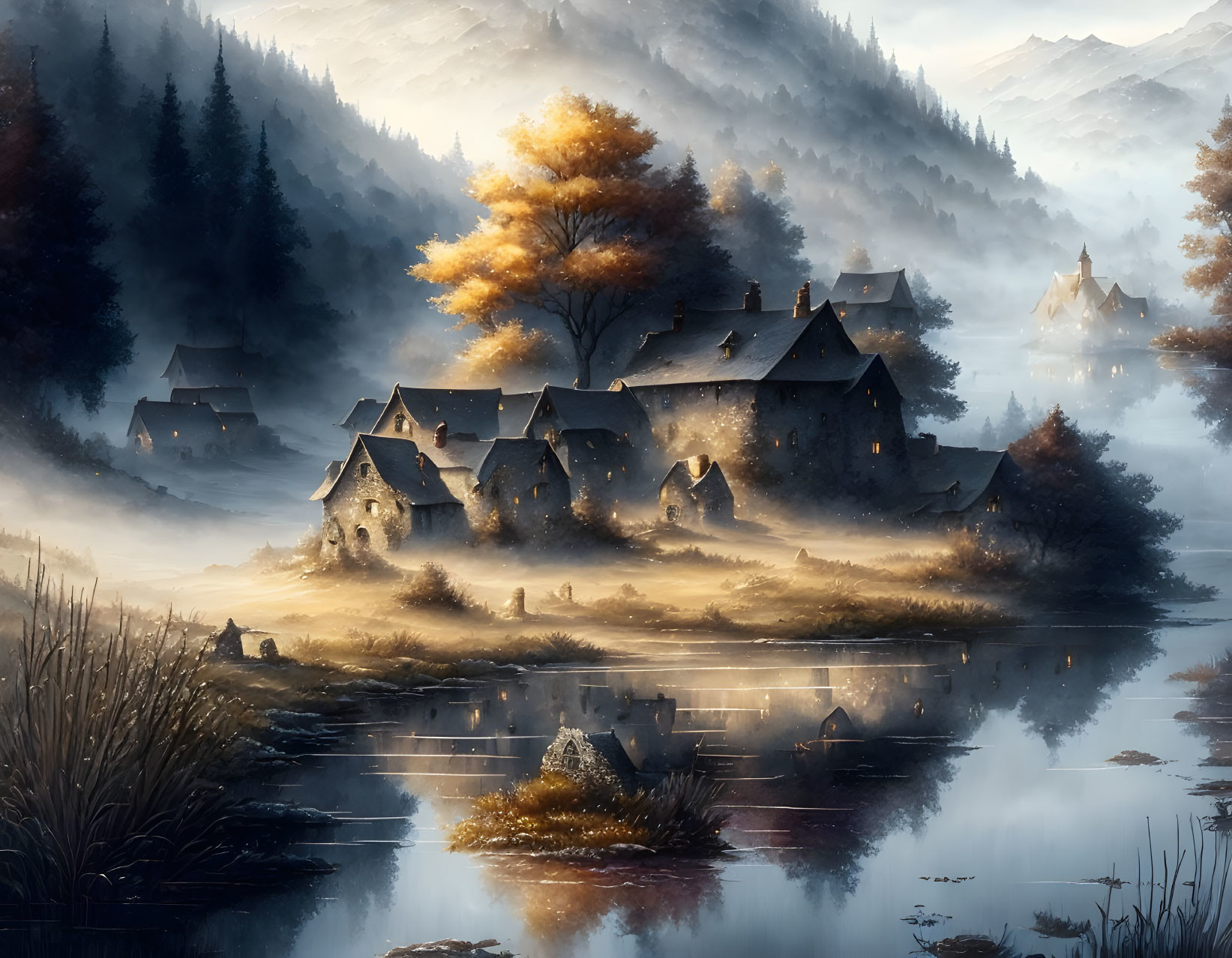 A fantasy landscape with an old village