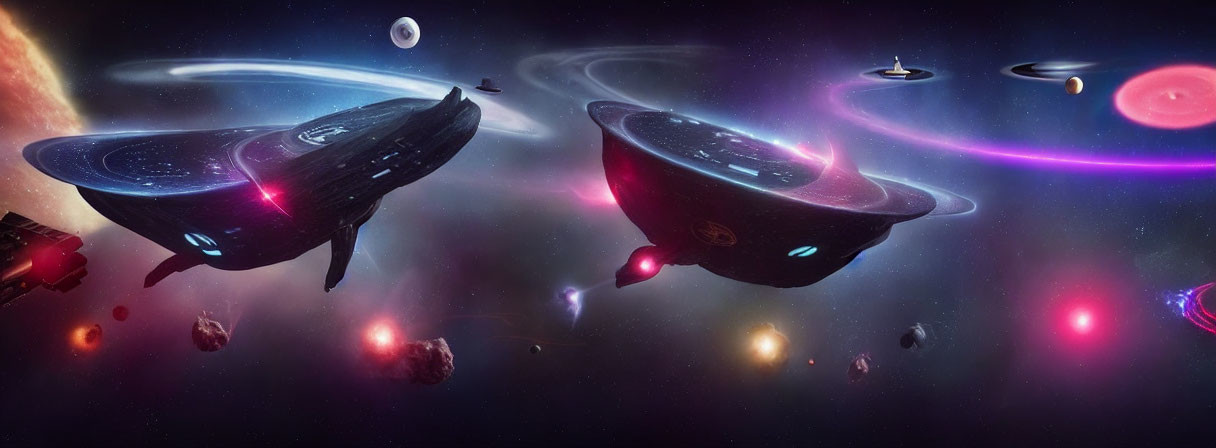 Futuristic spaceships in cosmic scene with galaxies, planets, and nebulae