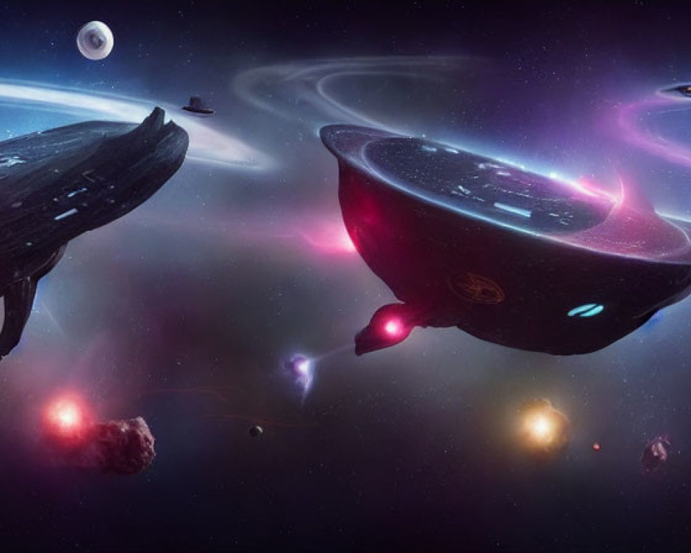 Futuristic spaceships in cosmic scene with galaxies, planets, and nebulae