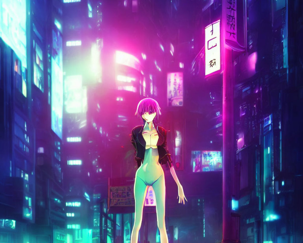 Stylized female character in neon-lit futuristic cityscape