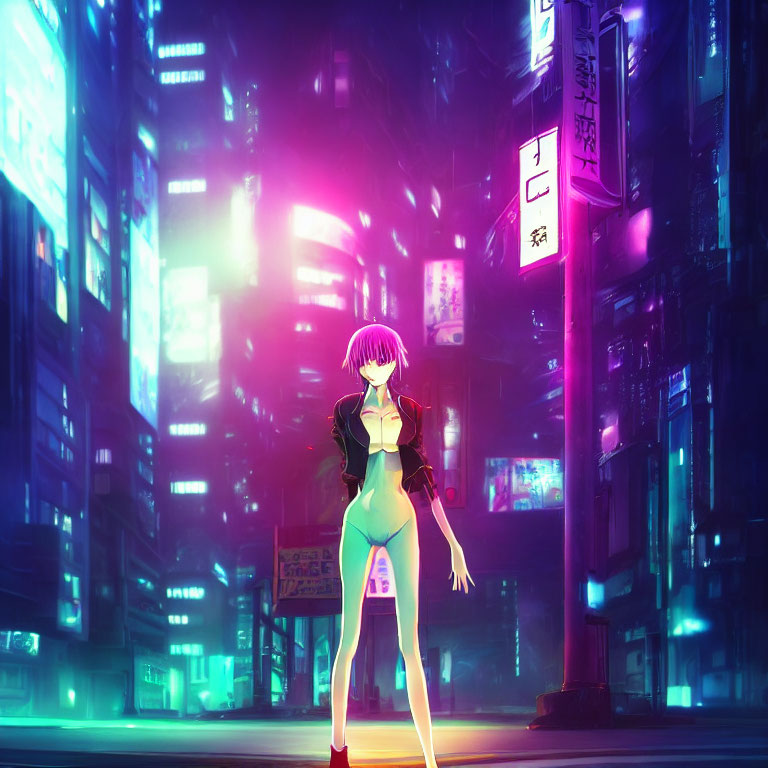 Stylized female character in neon-lit futuristic cityscape