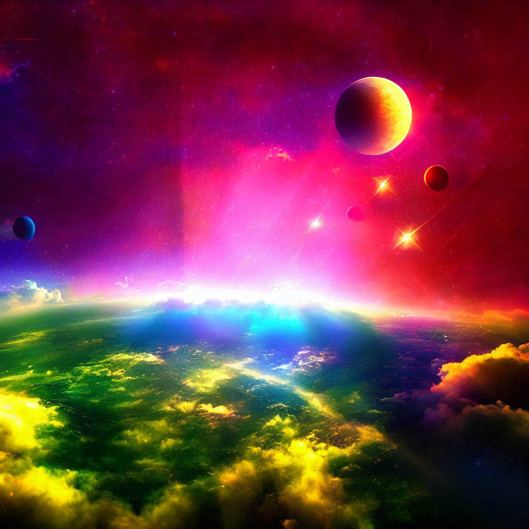 Colorful Cosmic Scene with Planets, Stars, and Nebula