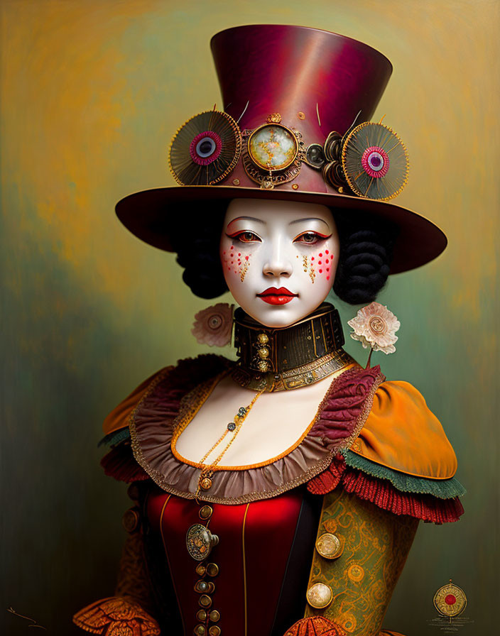 An enigmatic female steampunk clown
