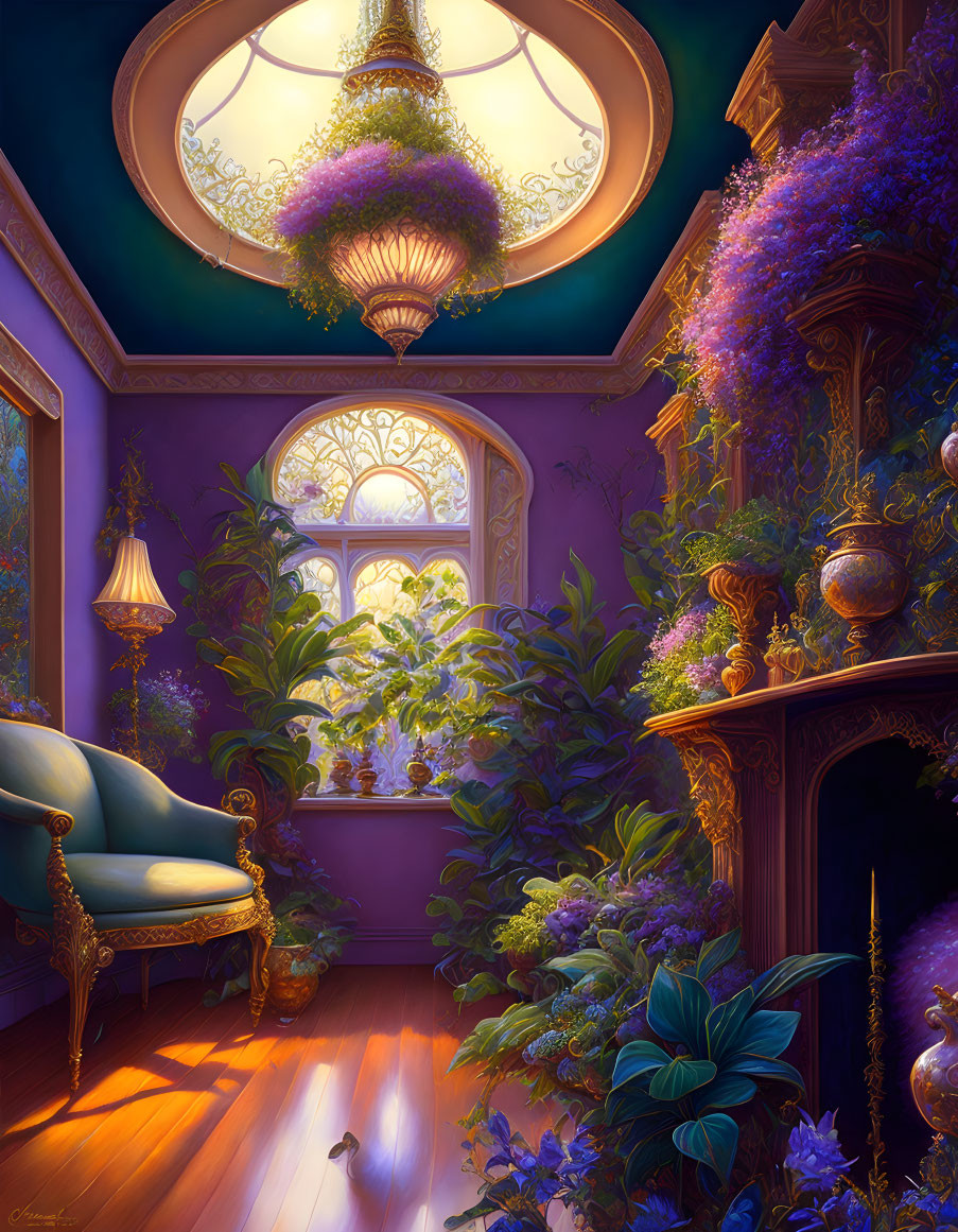 Violet Victorian livingroom with plants
