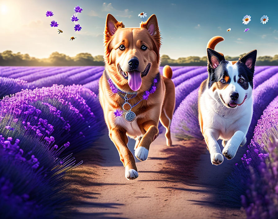 Dogs in a lavender field