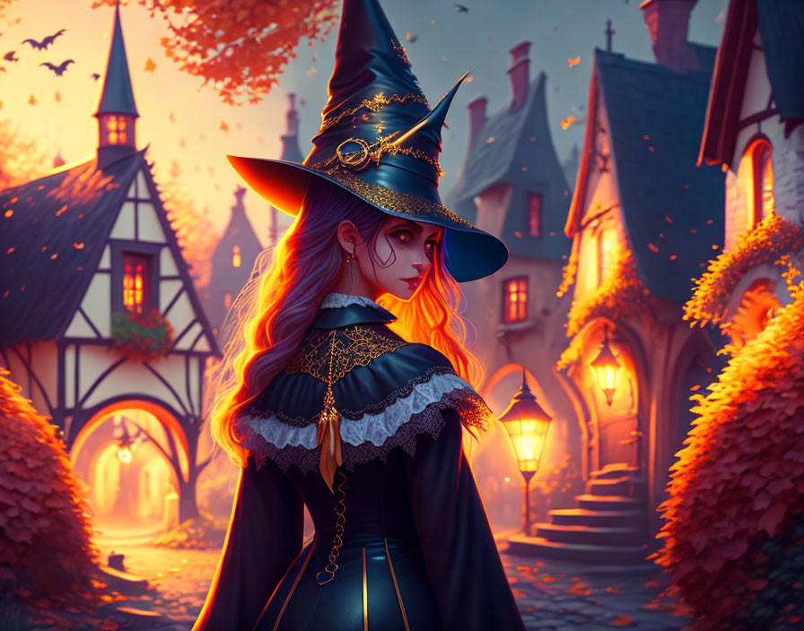 Uma jovem bruxa em um vilarejo gótico