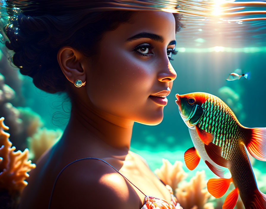 Girl, beautiful, Arab, in the sea, ornamental fish