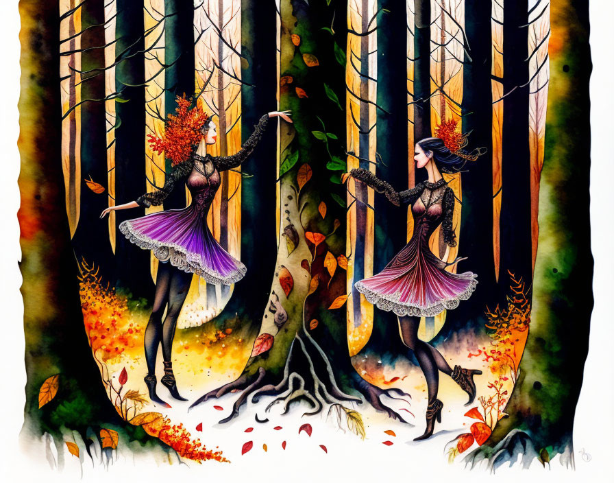 Dancers dancing in the autumn forest