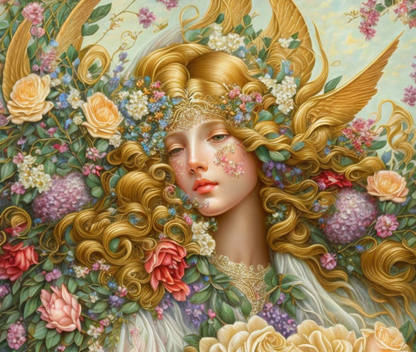 Angelic woman’s face in the midst of flowers