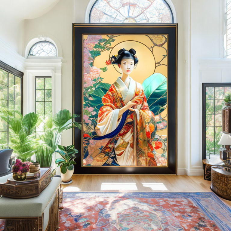 A living-room with painting of a geisha girl: