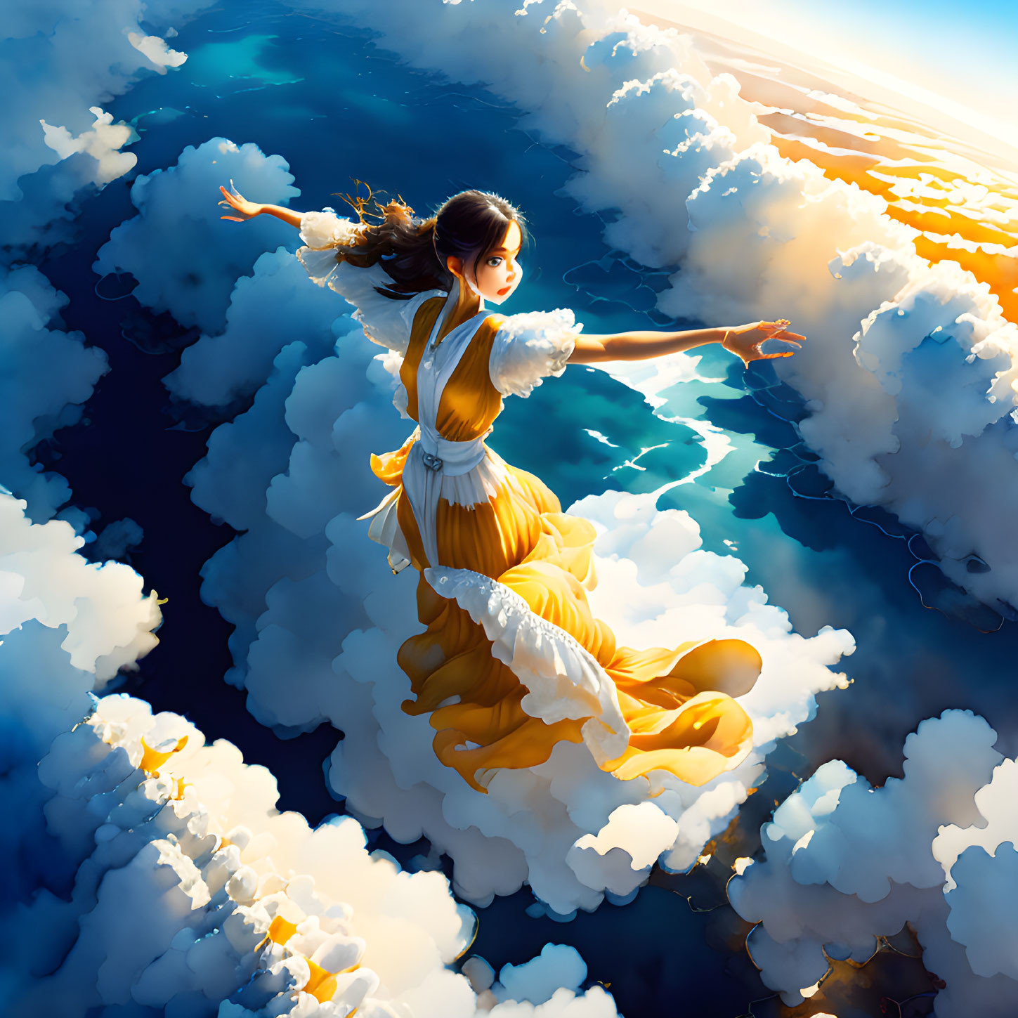 Girl flying in clouds