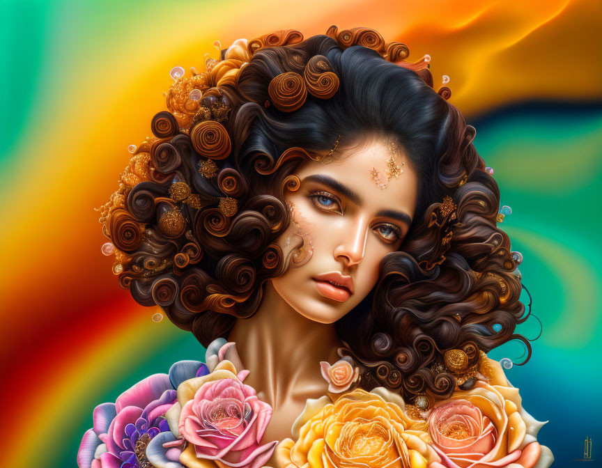 Girl with curly Hair with Flowers
