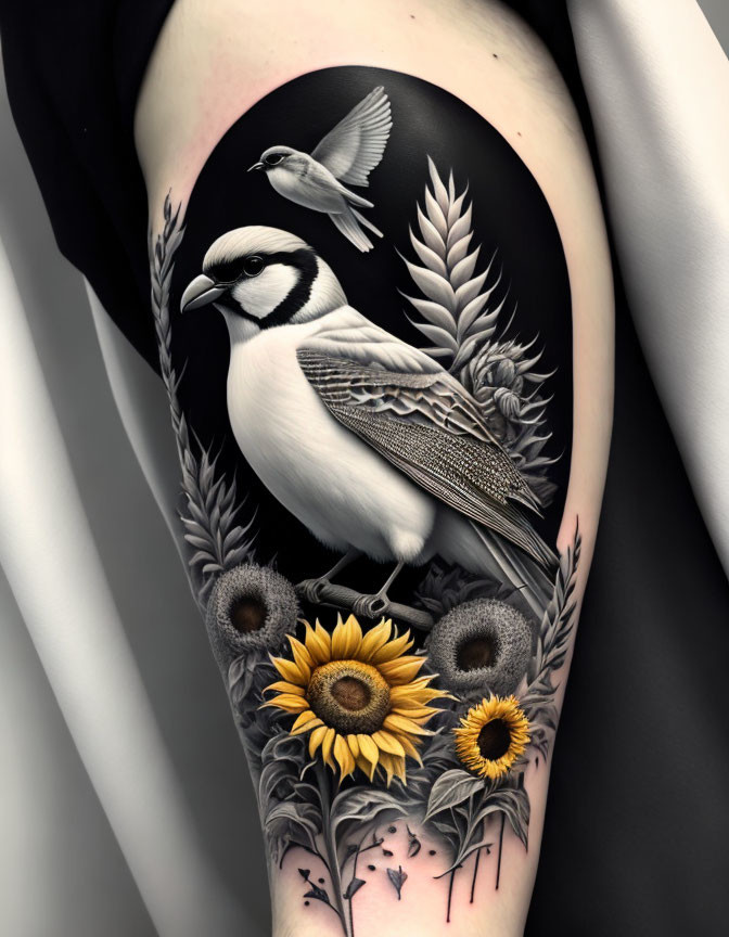 Bird with sunflowers tattoo