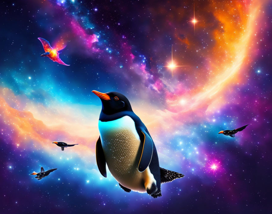 idiot penguin flying through a nebula in the open 