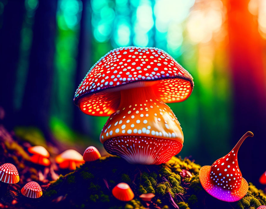 in bright colors of fly agaric.