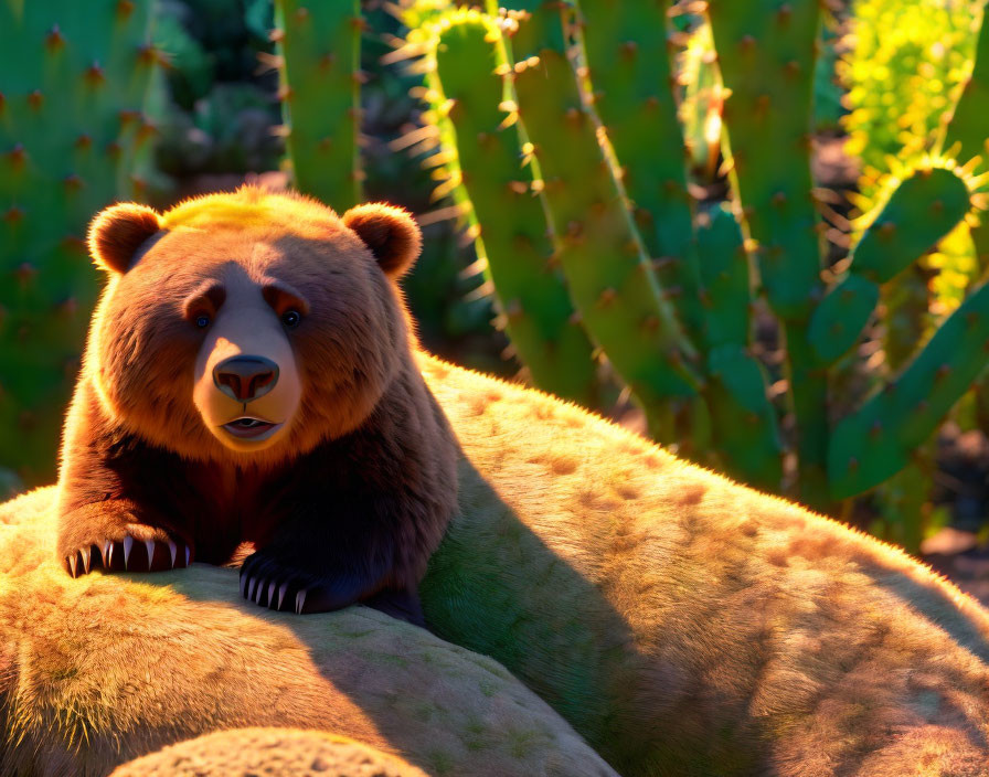 the bear is sunbathing in the cacti