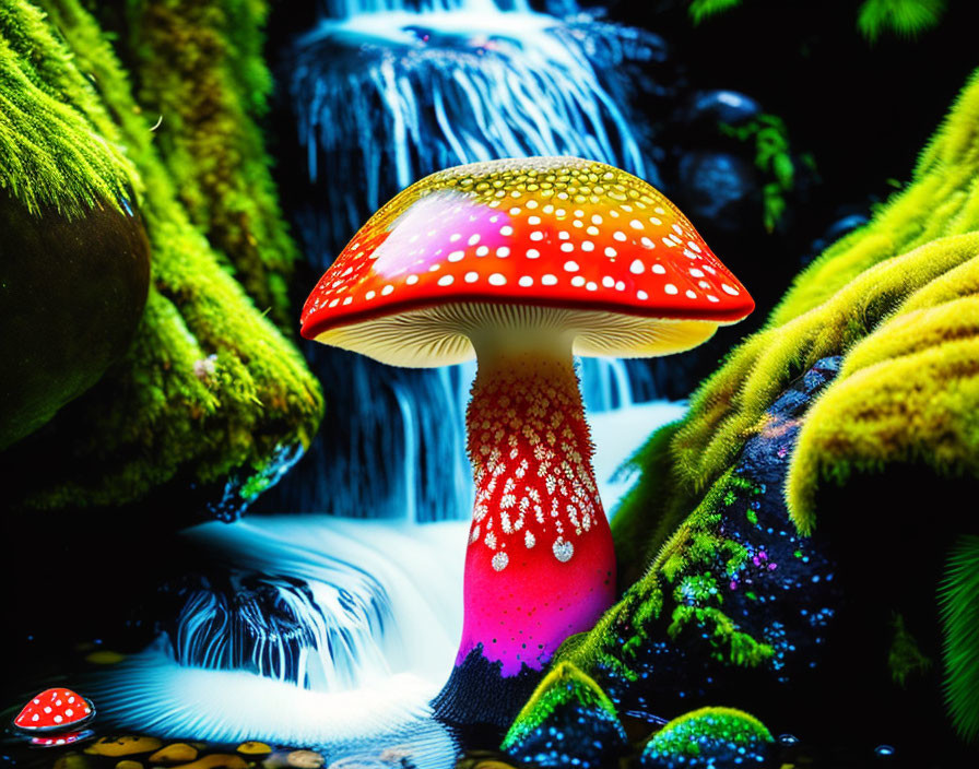 bright colored amanita mushroom on the edge