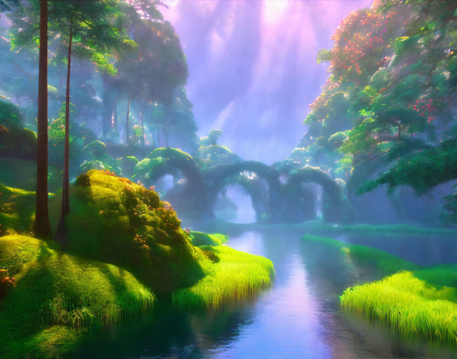 Transform a serene forest into a surreal dreamland