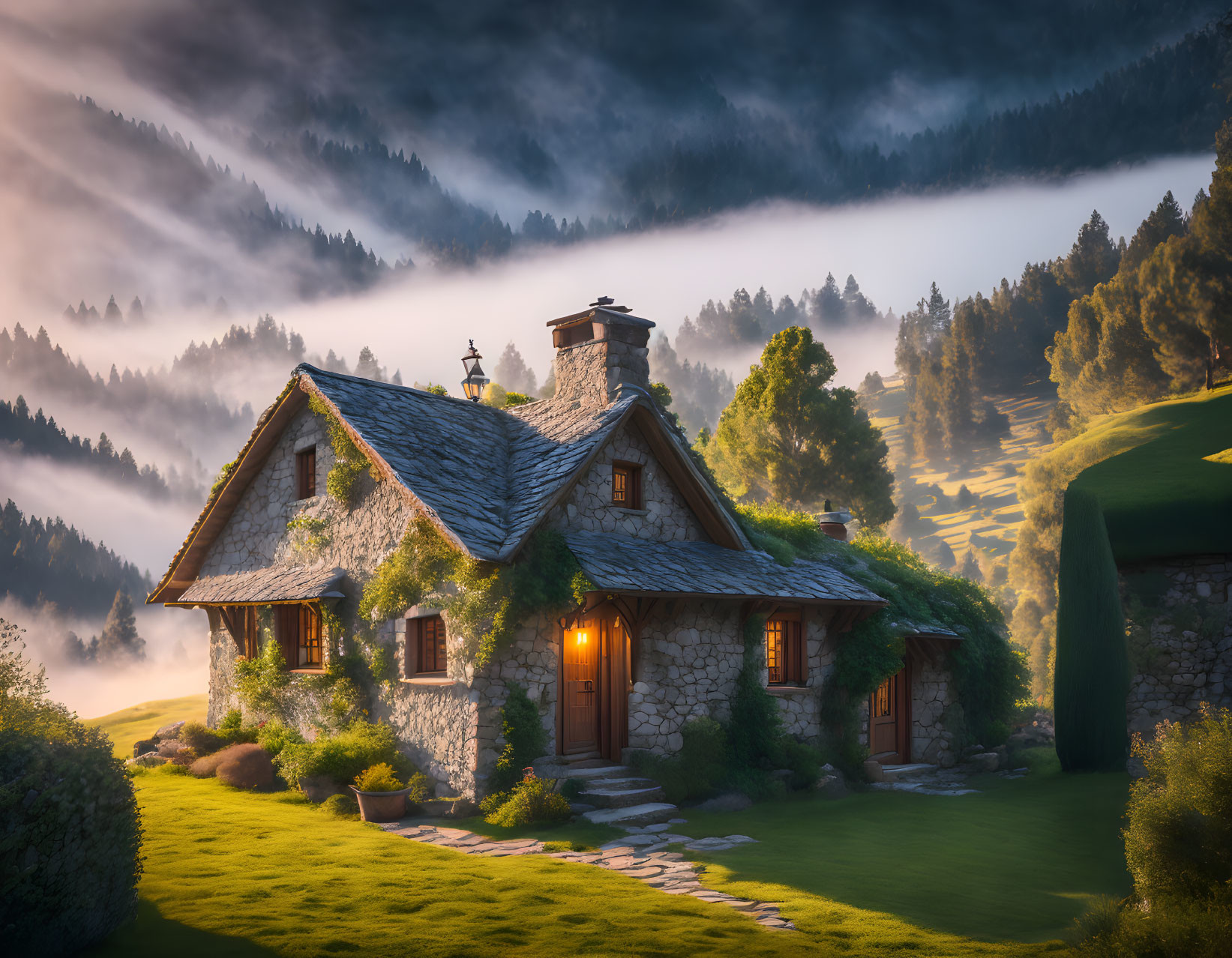 Stone cottage in the mist