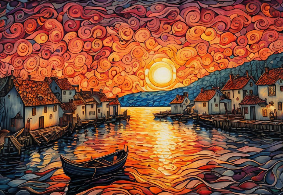 Sunset over fishing village