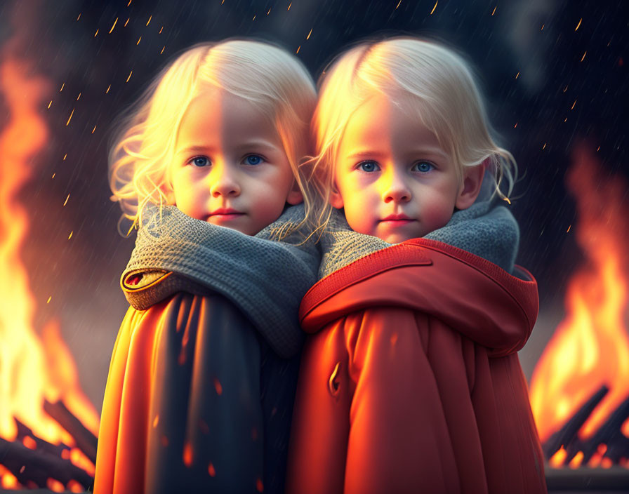תאומות זהות חמודות עומדות ליד האש