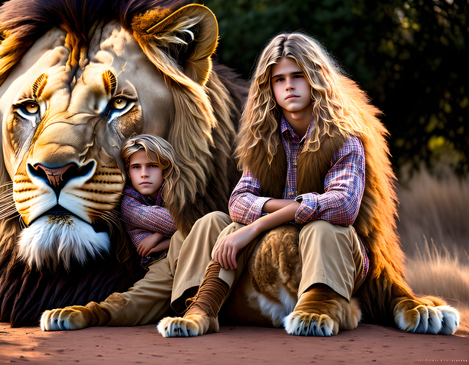 שני נערים יושבים ליד אריה ענק