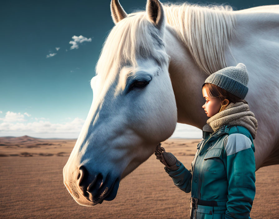 ילדה קטנה מלטף סוס לבן