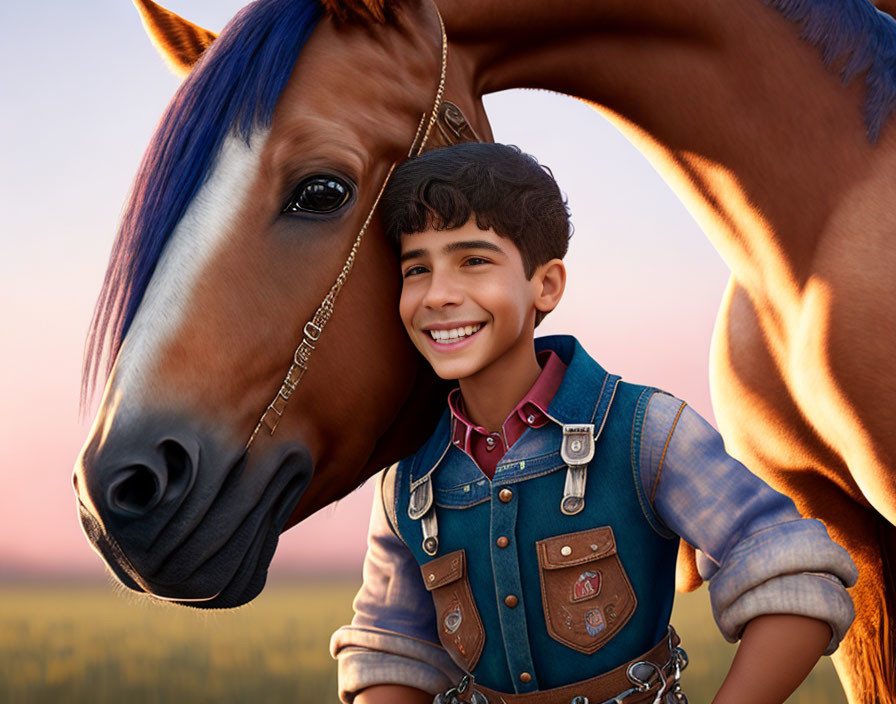 ילד חמוד נשען על סוס