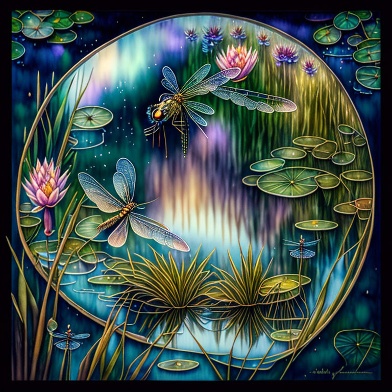 Dragonflies and water lillies in a pond