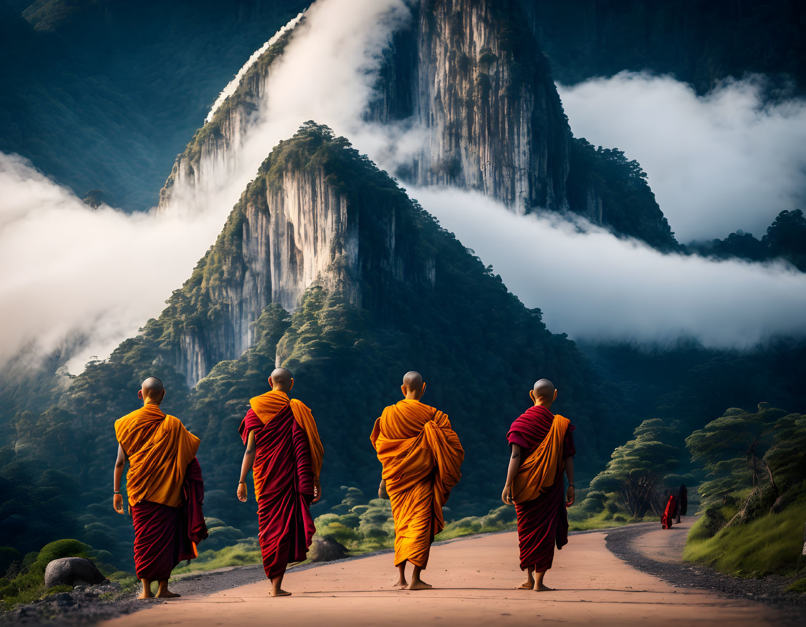 Budhist monks walking towars enlightement